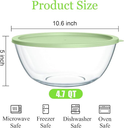 4.7 Qt Extra Large Glass Mixing Bowls, Clear Glass Bowl with Lid, Big Salad Bowl for Salad Fruit Bread Storage