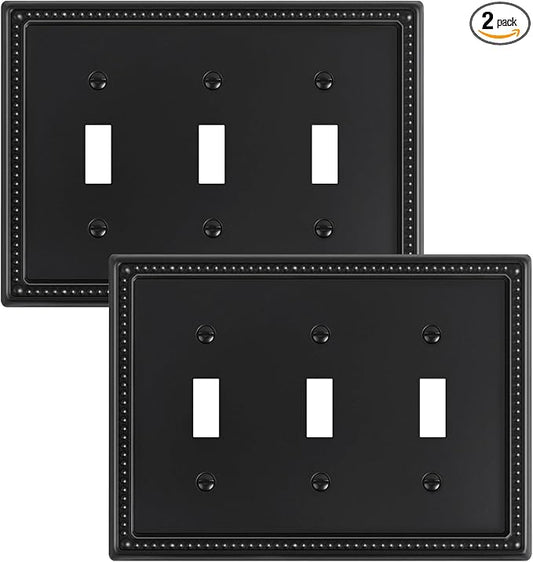2-Pack Triple Toggle Light Switch Cover Plate, Pearls Decorative Switch Plate Covers, Black 3 Gang Metal Wall Plate, Corrosion Resistant