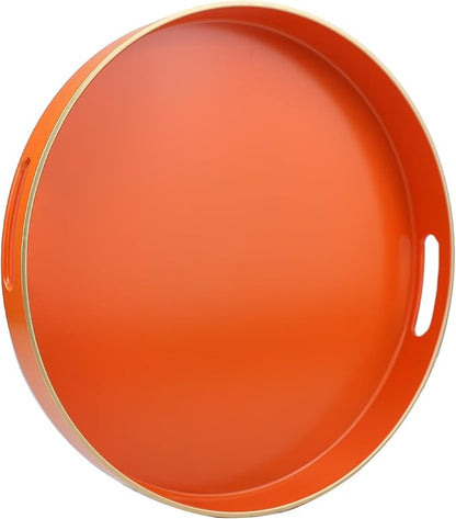 Orange Round Decorative Tray with Handles, 13" Versatile Serving Tray for Coffee Table, Ottoman, Ideal for Serving, Displaying, Organizing