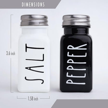 Farmhouse Salt and Pepper Shakers Set, a cute black and white premium glass shakers with stainless steel lids in a black metal holder, perfect for adding a vintage kitchen decor charm, great as a gift
