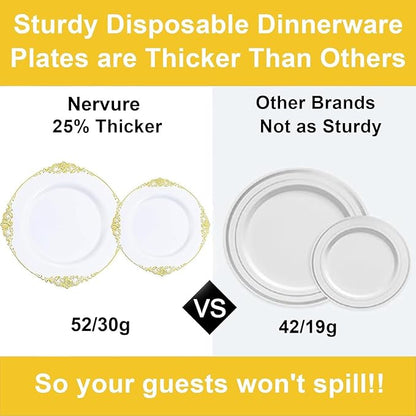 Nervure 100Pcs White and Gold Plastic Plates - 10.25Inch Gold Disposable Plates - Heavyweight Dinner Plate for Wedding & Party