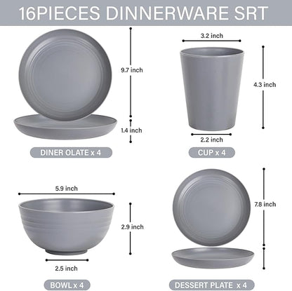 LIYH 16 Pcs Grey Wheat Straw Dinnerware Sets Unbreakable Dinnerware Sets for 4 Plates and Bowls Set Plastic Plates Reusable Straw Tableware Dish Set for 4 Include Plate Bowl Cup