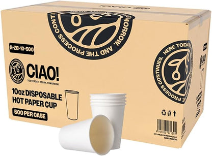 CIAO! 10oz White Paper Hot Cup, Disposable, 80mm Diameter 500 Count