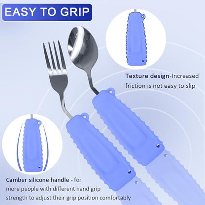 Adaptive Utensils,Curved Angled Spoon and Fork Set,for Tremors Parkinsons Limited or Elderly,Lightweight Cutlery with Non-Slip Easy Grip Handles