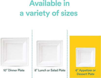 ECO SOUL Compostable Square Paper Plates 6 Inch (100 Count) Small Plates for Dessert, Heavy Duty, Eco-Friendly Sugarcane Bagasse For Appetizer- White