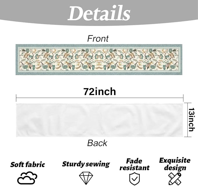 Blue Birds Flowers Blossom Table Runner, Seasonal Spring Floral Decoration | - Image 6