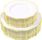 WDF 100pcs Gold Plastic Plates - High-end Baroque Design - Heavy Duty White &Gold Wedding Plates Set Ideal for Weddings/Party/Bridal Shower/Valentine's Day