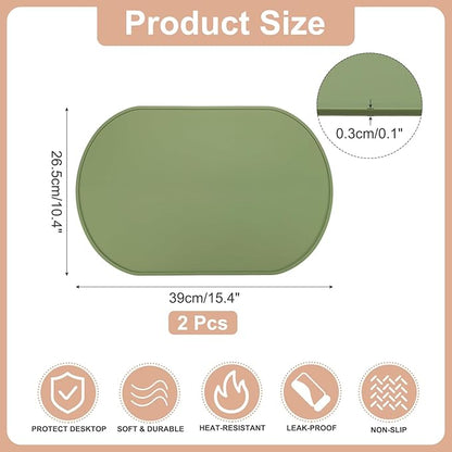 uxcell 2 Pcs Oval Silicone Placemat, 15.4" x 10.4" Non-Slip Washable Table Placemats Heat Resistant Waterproof Mat with High Edge for Table Kitchen Desk Protection, Green