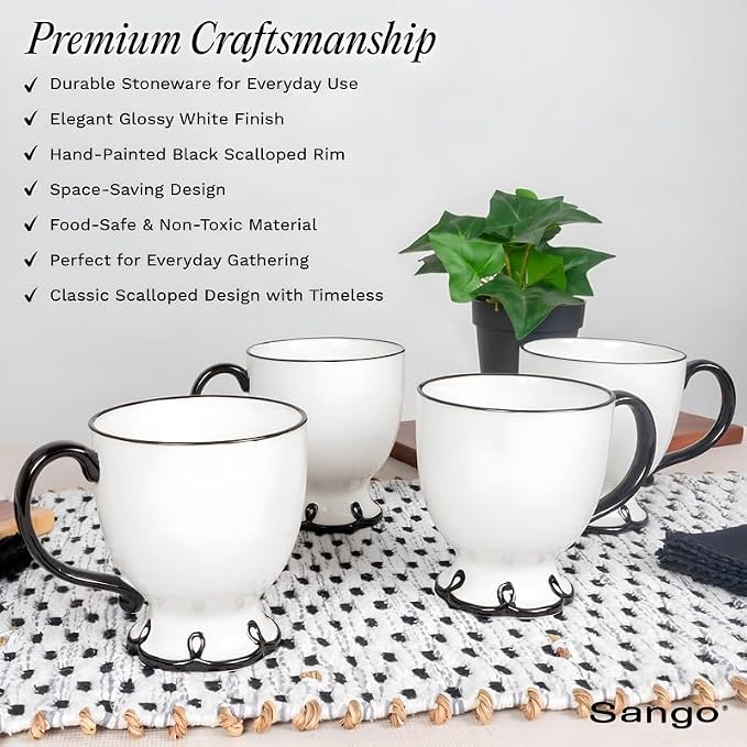 SANGO Splash of Cheers Large Mugs Set of 4, 16 oz Stoneware Black and White - Image 3