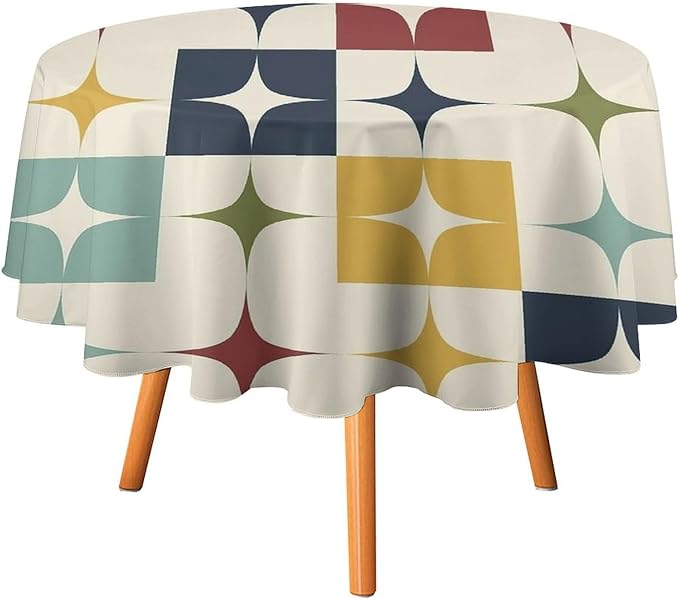 Middle Century Modern Round Tablecloth, Retro Mid Century Geometry Abstract Bohemia Tablecloth for Home Party Dining Room Kitchen Decor 50Inch(127cm)