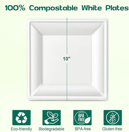 Square Paper Plates 10 Inch [100-Pack] Compostable Eco Friendly Disposable Plates Heavy Duty, Biodegradable Recycled Bagasse Plates, Large Paper Dinner Plates, Sturdy White 10" Plate