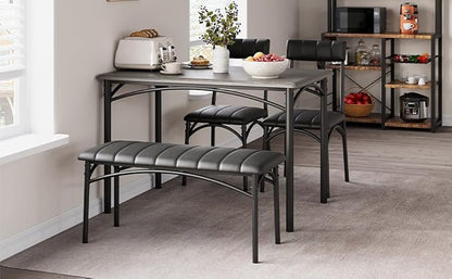 4-Piece Small Dining Table Set – Wood Table with 2 Upholstered Chairs & Bench, Space-Saving Retro Kitchen Dining Set for Small Apartment/Dining Room, Gray