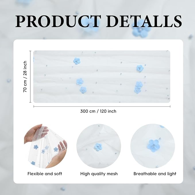 Artoid Mode Blue Flower Pearl White Gauze Table Runner 10FT, Seasonal Sheer - Image 7