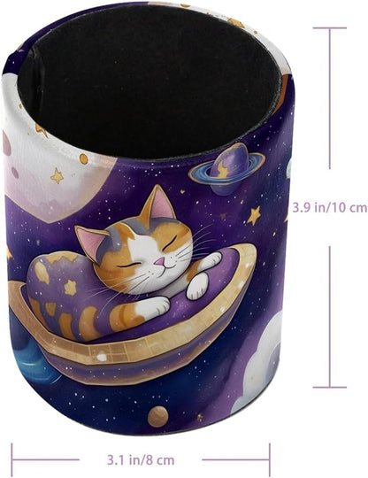 Leather Pen Holder for Desk, Planet Cat Pencil Cup Pen Organizer Makeup Brush - Image 3