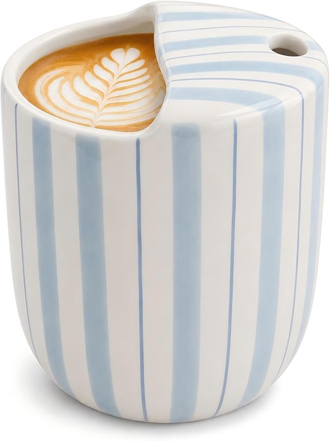 Ceramic Mug with Sip Hole 10 oz Light Blue Striped Ceramic Coffee Mug Hand by Ferrochef