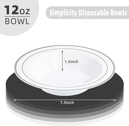 100 PCS Plastic Bowls with Silver Rim, 12oz Premium Heavy Duty Soup Bowls, Dessert and Salad Bowls for Party, Wedding and Holiday