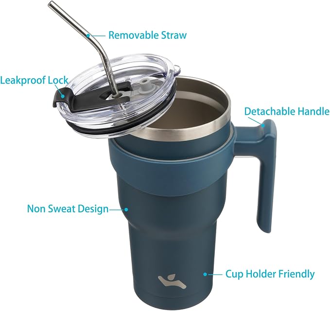 Konokyo 30 oz Tumbler with Handle and Straw, Insulated Travel Mug | Navy Blue; - Image 2