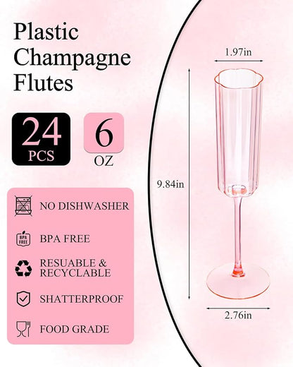 Ciaell 24 Pack Pink Plastic Champagne Flutes - Image 2