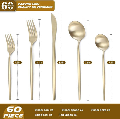 VANVRO Champagne Gold Silverware Set, 60-Piece Stainless Steel Flatware set - Image 2