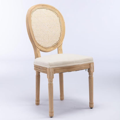 Ball & Cast French Vintage Upholstered Dining Chairs Set of 2, Antique Painting Wooden Kitchen Side-Chairs with Rattan Back & Carved Solid Wood Frame, 2-Piece Curved Backrest Louis Chair, Beige