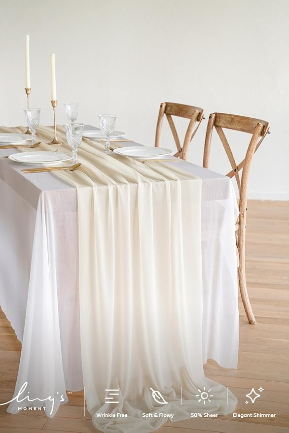 Ling's Moment 10Ft Ivory Chiffon Like Table Runner - Image 2