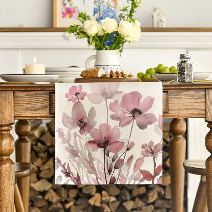 Artoid Mode Pink Poppy Floral Leaves Spring Table Runner, Seasonal Summer Fall Kitchen Dining Table Decoration for Home Party Decor 13x72 Inch