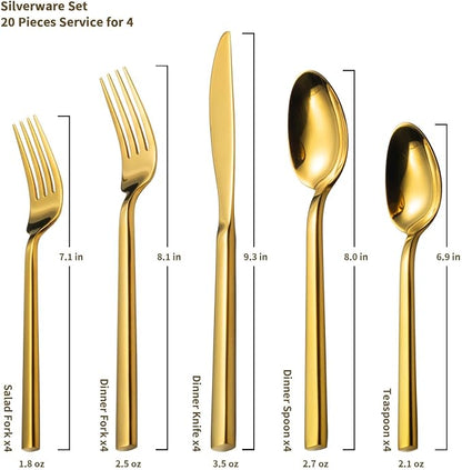Alata Cube Gold 20-Piece Flatware Set, Forged Cutlery Set, Mirror Finish - Image 4