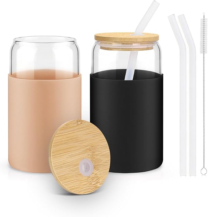 Glass Cups with Lids and Straws, 2 Pack 16OZ Iced Coffee Cups with Silicone by sungwoo