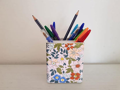 Pen Pencil Holder, Makeup Brush Holder,Ceramic Remote Control Holders Organizer with 2 Compartment Floral Multi-functional Office Organizers Storage Caddy Desk Tv Remote Holders Pink Flowers