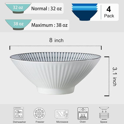 38 oz Japanese Ramen Bowls Set of 4, Large Pho Bowls, 8 Inch Ceramic Blue and - Image 2