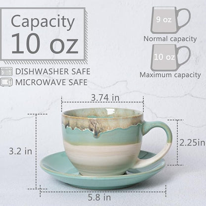 Bosmarlin Ceramic Cappuccino Cup and Saucer Set of 2, 10 Oz, Coffee Cups - Image 2