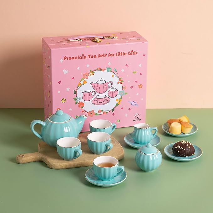 Sweejar Porcelain Tea Set for Little Girls, Kitchen Toys Tea Party Set for Kids - Image 3