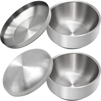Stainless Steel Rice Bowl with Lid, Set of 2, for Korean Kitchen Restaurant, Double-walled Metal Bowls, Multi-Purpose Insulated Soup Bowls Snacks Bowls (13cm Silver)