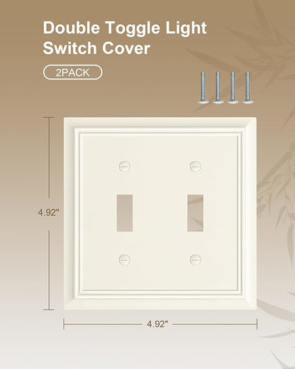 2-Pack Double Toggle Light Switch Cover Plate, Durable Natural Bamboo Fiber Decorative Switch Plate Covers, Light Almond 2 Gang Wall Plate, Corrosion Resistant