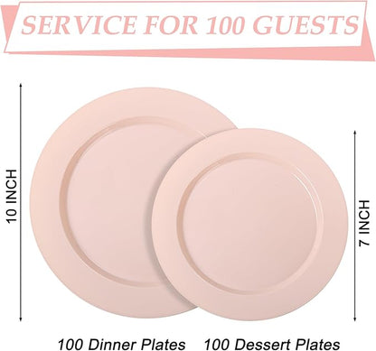 FLOWERCAT 200PCS Pink Plastic Plates Disposable Plates for Party - Heavy Duty Plastic Plates - 100 10" Pink Dinner Plates and 100 7" Pink Salad Plates for Weddings, Easter Parties,Mother's Day