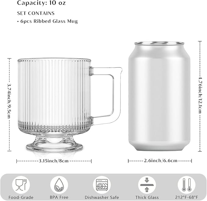 INSETLAN 6-Piece Ribbed Glass Coffee Mug Set, 10 oz Clear Glass Tea Cups - Image 3