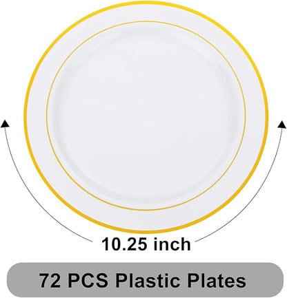 WELLIFE 72PCS Gold Plastic Plate, 10.25Inch Disposable Dinner Plate Party with Gold Rim, Heavy Duty Disposable Plastic Plates for Party, Wedding, Birthday