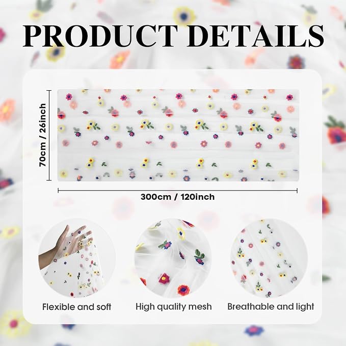 Artoid Mode 3PCS Embroidery Daisy Gauze Table Runner 120 Inch 10FT | Seasonal - Image 7