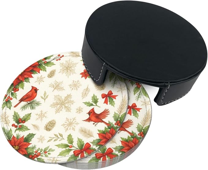 Christmas Gold and Red Floral Bird Coasters - Image 7