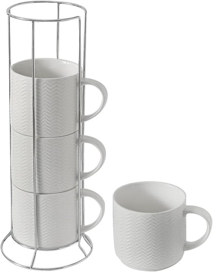 Hasense Coffee Mugs Set of 4 with Stand, 15 oz Porcelain Stackable Coffee Cups Set with handle for Tea, Latte, Milk and Cappuccino, White Embossed Tea Cups Set with Geometric Pattern for Men and Women