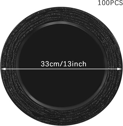 100 PCS Antique Charger Plates Bulk, 13 Inch Round Textured Edge Plastic Dinner Chargers, Bulk Plastic Charger Plates Set for Wedding, Party, Table Decor (Black)