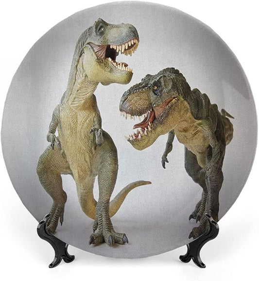 Decorative Plates, Dinosaur Print Ornament, Tyrannosaurus Rex Pair Facing Off Ferocious Creatures, 8 Inch, Kitchen Wall Decor, Ivory Brown Grey