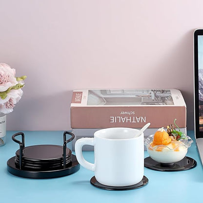 JUXYES Set of 6 Stainless Steel Round Coasters with Holder & Sponge Bottom, Black Metal Cup Coasters Set Stunning Cool Coaster Cups Mats Decor for Restaurant Kitchen bar Dining Table