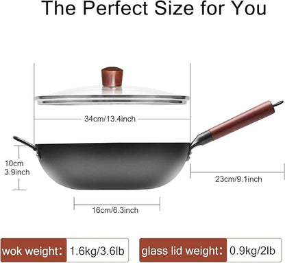 WANGYUANJI Carbon Steel Wok with Lid, 13.4" Hand Hammered Stir Fry Pan with Detachable Wooden Handle, Flat Bottom Wok Pan for Electric, Induction & Gas Stoves, No Coating (Black)