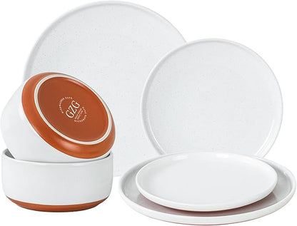 GZG Modern Art Series - 6 Pcs Speckled Stoneware Plates and Bowls Sets, Ceramic Dinnerware Set with Rustic Terracotta Underside, Microwave and Dishwasher Safe Handcrafted Dishes Set - Porcelain White