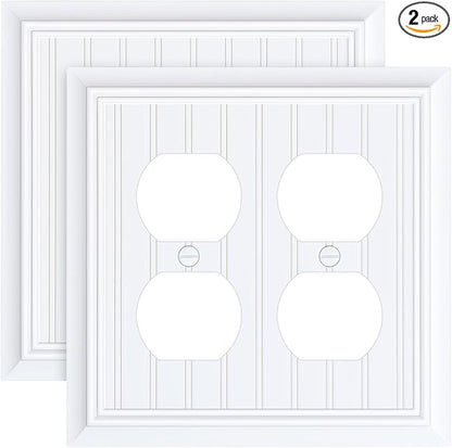 2-Pack Classic Beadboard Double Duplex Outlet Cover, Pure White Decorative Switch Plates and Outlet Covers for Electrical Outlets, Durable Natural Bamboo Fiber Wall Plates, 2 Gang Receptacle Cover