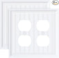 2-Pack Classic Beadboard Double Duplex Outlet Cover, Pure White Decorative Switch Plates and Outlet Covers for Electrical Outlets, Durable Natural Bamboo Fiber Wall Plates, 2 Gang Receptacle Cover