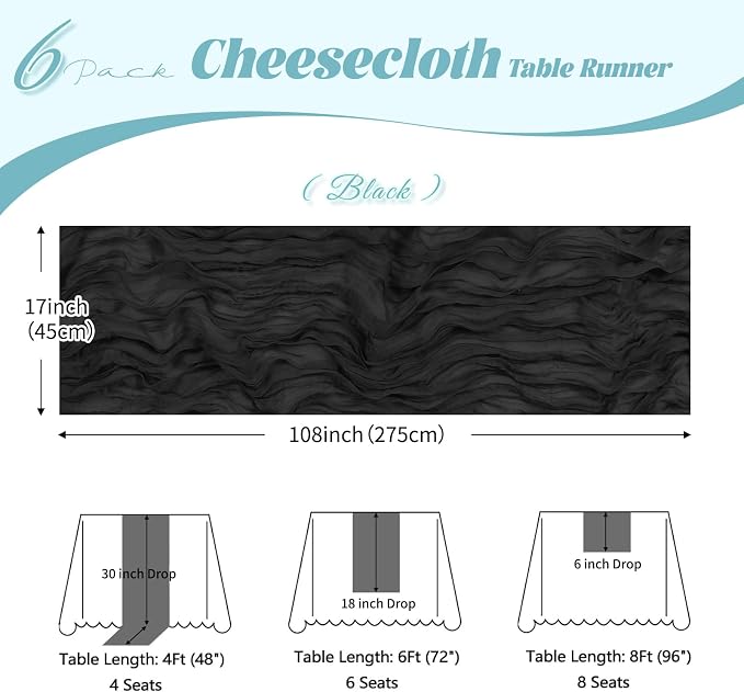 6 Pack Black Cheesecloth Table Runner, 17 x 108 inch, Semi Sheer Boho Cheese - Image 3