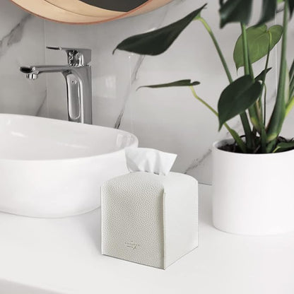 Carrotez Tissue Box Cover, Refined Modern PU Leather Square Holder - Decorative Holder/Organizer for Bathroom Vanity Countertop, Night Stands, Office Desk & Car 5"X5"X5" White