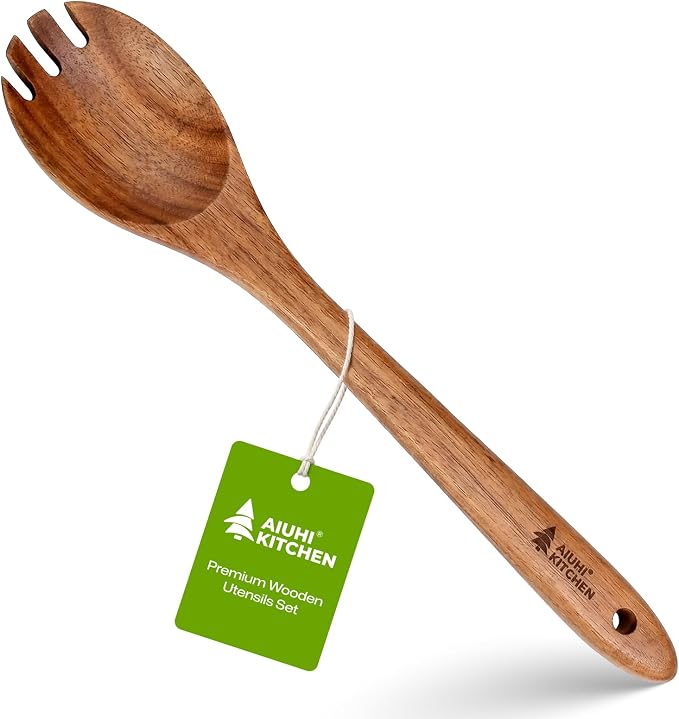Wooden Salad Spoon Fork, 2-in-1 Teak Wood Cooking Utensil, Long Handle by AIUHI